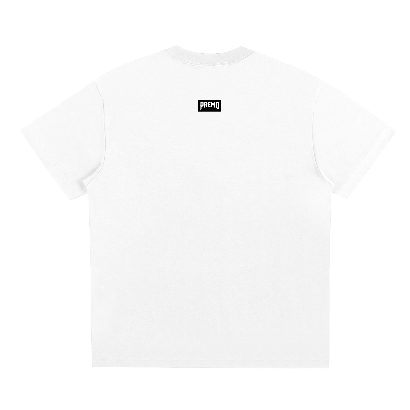white Premo Brands T-shirt with a small neck logo